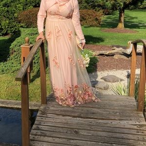 Floral pink tulle maxi gown